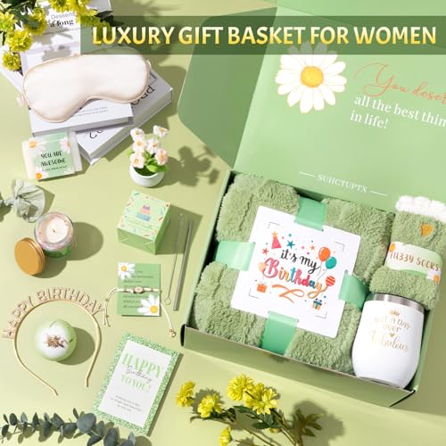 Happy Birthday Gift Basket for Women 12pcs Unique Gifts Set Relaxing Birthday Box w/ Blanket for Her Mom Best Friends Fe
