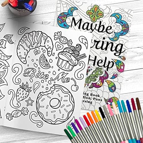 Adult Coloring Book Set - Relaxation with Markers in a Case - Anxiety Relief through Color Cuss & Laugh - Motivational S