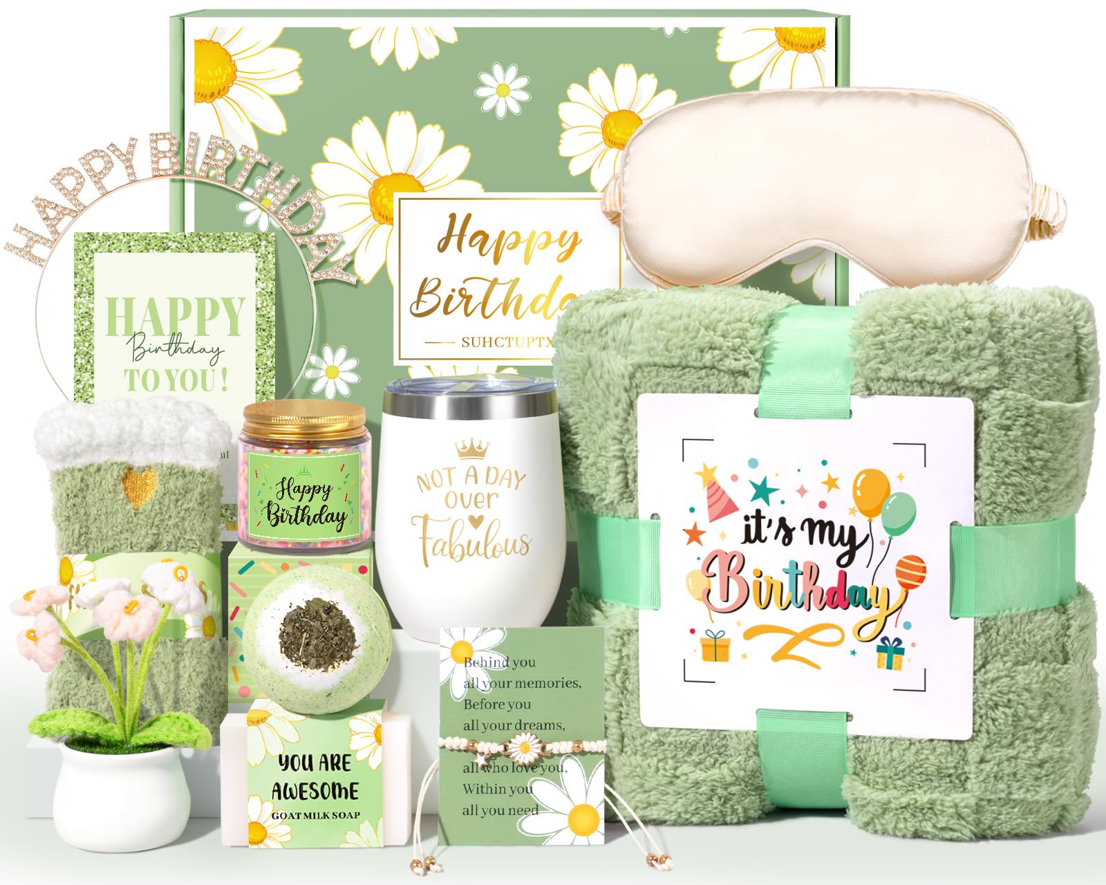 Happy Birthday Gift Basket for Women 12pcs Unique Gifts Set Relaxing Birthday Box w/ Blanket for Her Mom Best Friends Fe